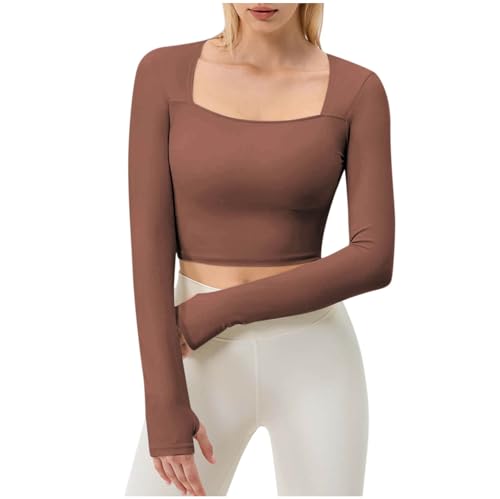 Womens Square Neck Long Sleeve Workout Tops Lightweight Running Athletic Shirts Yoga Cropped T Shirts with Thumb Hole Brown