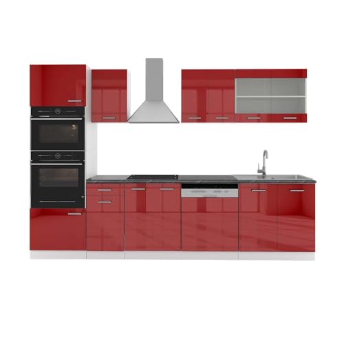 Vicco Küchenzeile R-Line, Rot Hochglanz, 300 cm mit Hochschrank, AP Anthrazit, mit variabel anordenbaren Modulen und höhenverstellbaren Füßen