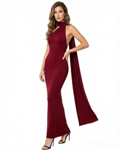 Image of Suillty Women's Sexy Oblique Shoulder Backless Maxi Dress Ruched Back Strap Sleeveless Party Club Long Dresses Bodycon