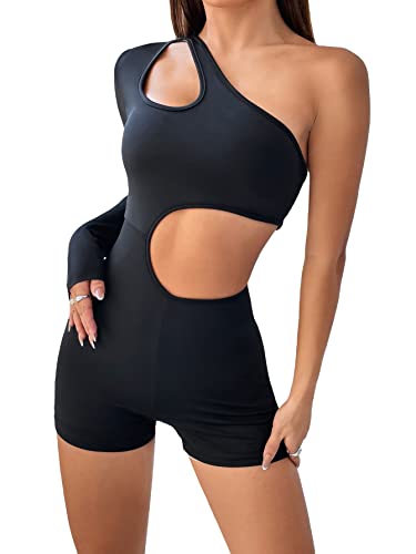Verdusa Women's Cut Out One Shoulder Long Sleeve Unitard Romper Short Jumpsuit Black Xs #TOP8