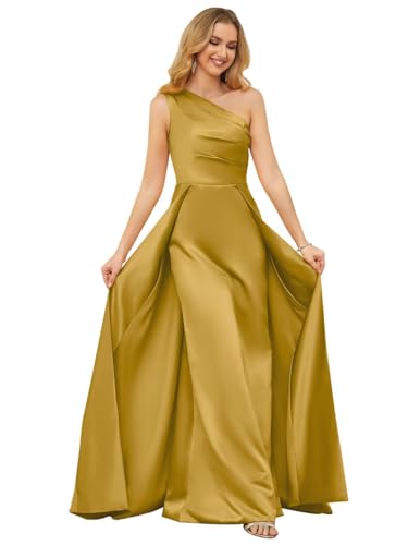 Image of One Shoulder Prom Dress Long Satin Formal Dresses for Women 2025 Mermaid Evening Party Gown Ruched Gold 12