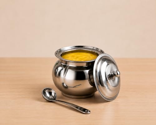 Image of Steel Ghee Pot with Spoon | Oil & Ghee Container Set | Ghee Storage Container with Lid - (Ghee Pot Steel - 450ml & 150ml - Pack of 2)