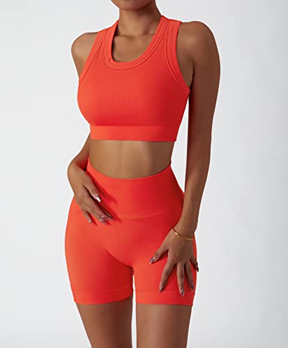 Image of Workout Sets for Women 2 Piece Seamless Ribbed Tank Top Sport Bra High Waist Biker Shorts GYM Yoga Exercise Outfits