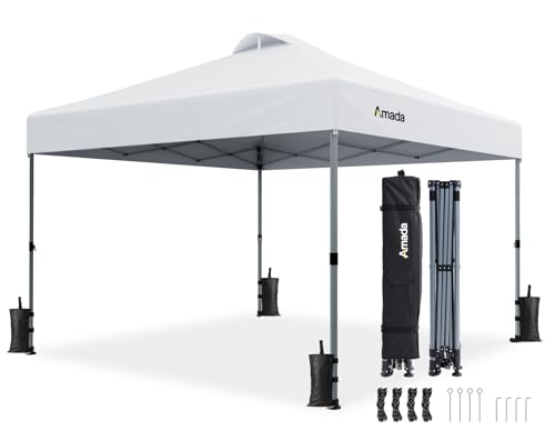 Amada 10x10 Pop Up Canopy - Center Lock One Push Instant Setup Gazebo Outdoor Canopy Beach Tent with STO-N-Go Bag 8 Stakes & 4 Sand Bags, 3-Height Adjustable Shade Shelter (10x10ft, White)