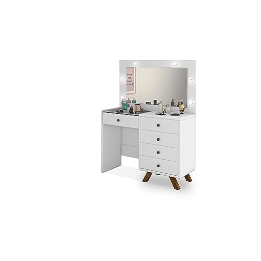 Penteadeira Camarim Luna 5 gavetas led espelho pés de madeira Branco