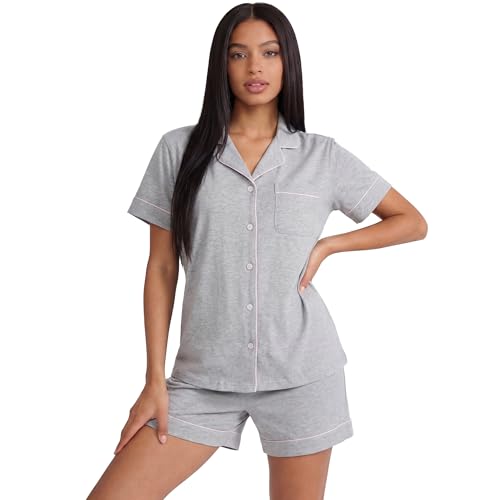 Image of HEARTNICE Pajamas for Women, Button Down Pajama Shorts Set Summer Solid Pjs Sets