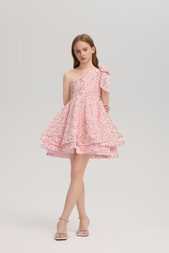 One Shoulder Flower Girl Dresses Sequin Short Pageant Dresses First Communion Dress with Bow Ball Gown4