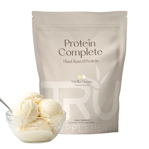 TRU Supplements Plant Based Protein Powder, BCAA, EAA, 20g Vegan Brown Rice & Pea Protein, 100 Calories, 27 Vitamins, No Artificial Flavors 25 Servings (Vanilla Cream)