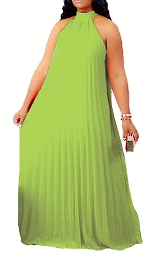 Choichic Plus Size Maxi Kleider für Frauen Ärmellos Neckholder Chiffon Plissee Lose Flowy Lange Sommer Strandkleider, Pea Green, XX-Large