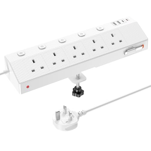 Desk Extension Lead 1.8M STGAROT PD 30W Power Strip with Retractable USB C Cable 5 Way Power Socket with 3 USB C Port 2 USB A Port Desktop Plug Socket with Removable Clamp for Office Accessories