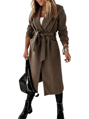 Image of Ladiyo Womens Classic Coat Lapel Collar Open Front Belted Long Jacket
