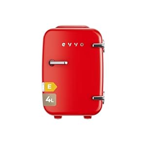 EVVO Kühlschrank Mini F4 Retro (rot), 4 l, Vintage-Design, leise, kompakt, für Schlafzimmer, Büro, Kosmetik, Getränke, energiesparend