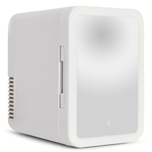 Peach Beauty® Mini Frigorífico con Espejo LED | Nevera con Función de Refrigeración y Calefacción 12V, 5L | Mini Nevera para Maquillaje | Pequeño Frigorífico para Habitación, Coche, Camping | Blanco