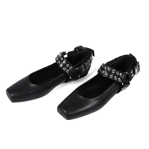 Mary Jane Flats for Women Square Toe Ballet Flats Studded Ankle Buckle Strap Comfortable Dressy Ballerina Shoes3