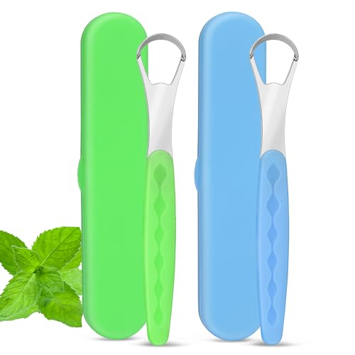Milifox 2 Piezas Raspador de Lengua para Adultos,Limpiador Lengua con Estuche,Aptos para el Uso Diario en Casa o Durante Los Viajes,Mantienen la Higiene Bucal y Refrescan el Aliento,Azul y Verde Claro