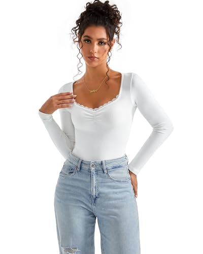 Image of SUUKSESS Women Sweetheart V Neck Long Sleeve Tops Lace Trim Ribbed Modal Fall Going Out Shirts