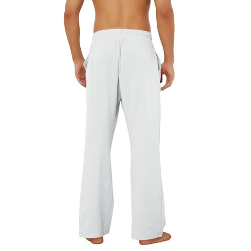 Image of Puimentiua Cotton Linen Pants Men, Summer Beach Pants Loose Fit with Elastic Waist Drawstring
