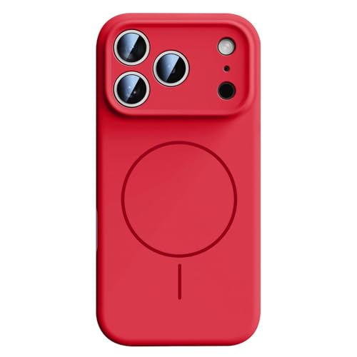Coque iPhone 17 en silicone liquide rouge étui magnétique avec dragonne fine
