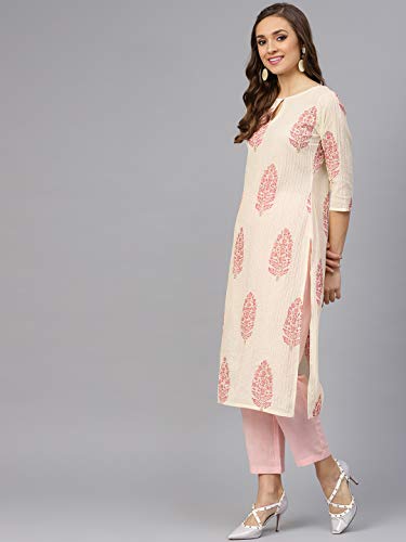 Image of idaLia Cream and Baby Pink Hand Block Print Kurta with Cotton Pants