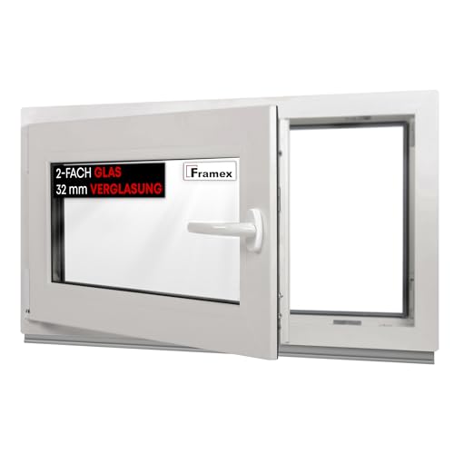 Framex Kellerfenster Fenster Kunststofffenster Weiß Breite x Höhe 100 x 50 cm (1000 x 500 mm) 2-fach (32 mm) Dreh Kipp DIN Links - Premium - Alle Größen