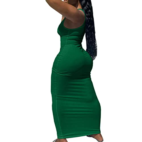 Image of Women Bodycon Maxi Tank Dress, Sexy Deep U Neck Ribbed Solid Color Party Wrap Long Dresses