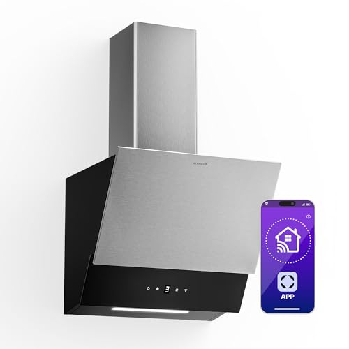 Klarstein Verosteel Cappa Cucina 45cm - Cappa Inclinata, 624 m³/h, Touch, LED, Efficienza A++, Filtro Carbone, Silenziosa, Acciaio & Vetro Nero, 3+Boost Velocità