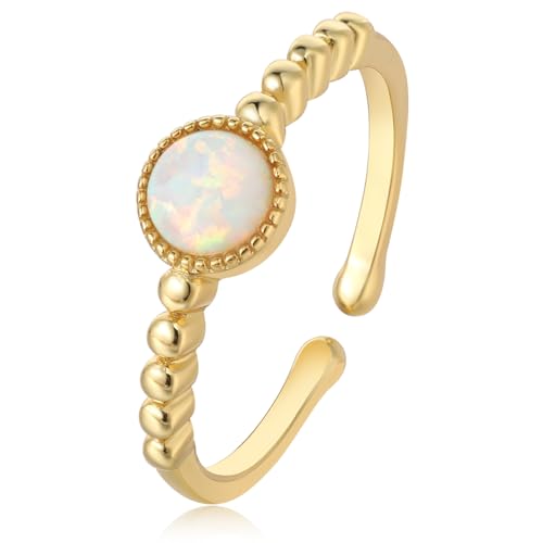 Vintage Victorian Style 14K Yellow Gold Plated 925 Sterling Silver 5mm Round Multi Colors White Fire Created Opal Solitaire Open Adujstable Ring for Women Daily Wedding October Birthstone