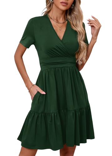 Image of Women's Casual Summer Dress V Neck Short Sleeve Flowy Stretchy Comfort Fit for Daily Wear Work Midi Dresses