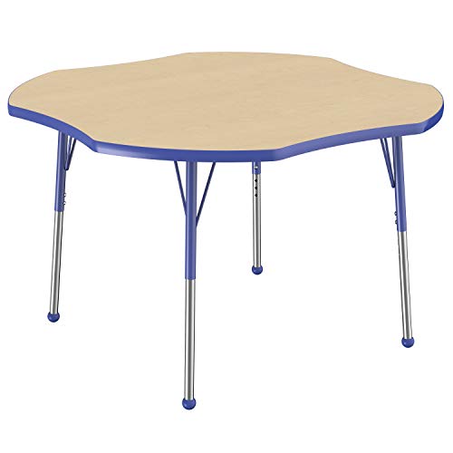 Image of FDP Clover Activity School and Office Table (48 x 48 inch), Standard Legs with Ball Glides for Collaborative Seating Environments, Adjustable Height 19-30 inches - Maple Top and Blue Edge