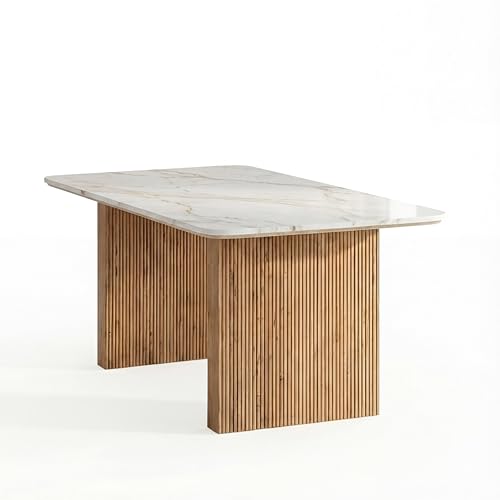 Image of 6 Seater Modern Acacia Wood Dining Table Set with White Marble Top & Upholstered Chairs | Rectangular Solid Wood Dining Table 69x39 Inches | Contemporary Dining Furniture for Home from Jodhpur