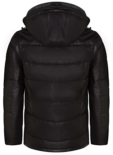 Men's Puffer Black Leather Quilted Warm Bomber Hooded Jacket3