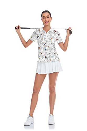 Igeekwell Womens Golf Polo Wrinkle Resistant Moisture Wicking V Neck Collared Shirts Short Sleeve Tops Bird Pattern L #TOP5