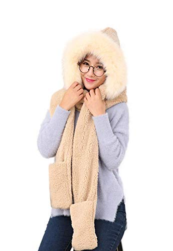 Winter Warm Women Siamese Hoodie Gloves Pocket Earflap Hat Long Scarf Shawl Wraps