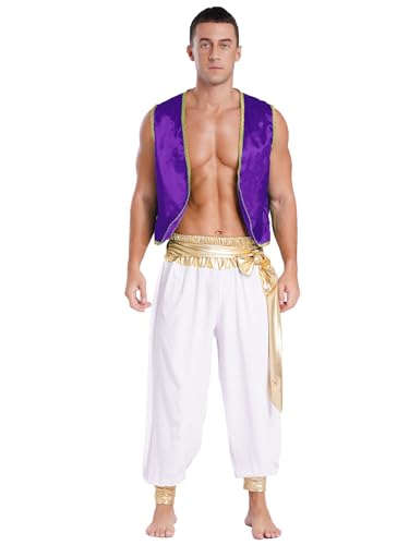 ranrann Disfraz de Príncipe Aladino para Hombre Cosplay Traje de Príncipe Árabe Chaleco con Pantalones Largos Dress Up para Halloween Carnaval B Púrpura Oscuro y Blanco M