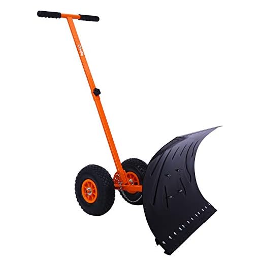 Ohuhu Snow Shovel for Driveway, Heavy Duty Metal Snow Shovel with Wheels, Adjustable Rolling Snow Plow Snow Shovels for Snow Removal, Efficient Snow Pusher with Large Blade Plow for Doorway Driveway