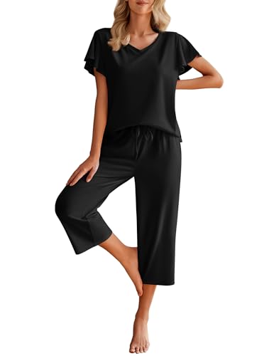 Image of Ekouaer Womens Cotton Pajamas Sets Short Sleeve Capri Pants with Pockets