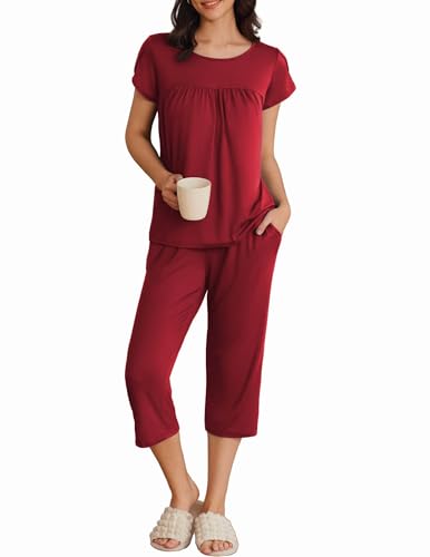 Image of Ekouaer Women's Capri Pajama Set Short Sleeve Mumu Pjs Pleated Top Capri Pants with Pockets Sleepwear Lounge Set