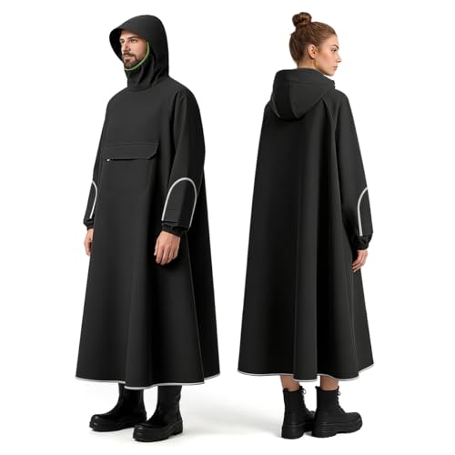 Image of PALAY High Collar Motorcycle Raincoat with Hood, Folding Hand Guard Flaps, PVC Full-Cover Riding Poncho with Front Pocket, Adult Women Raincoat for E-Bike, Scooter & Outdoor Riding