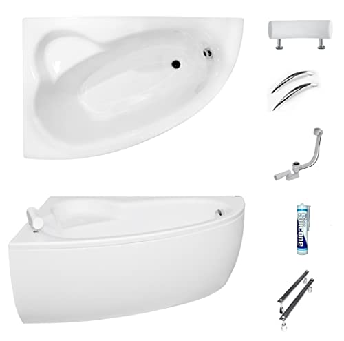 ECOLAM® Badewanne Eckbadewanne Acryl Natalia weiß 150x100 cm LINKS + Schürze + weiße Kopfstütze + 2 x Handgriff Ablaufgarnitur Ab- und Überlauf Automatik Füße Silikon Komplett-Set – Bild 3