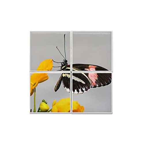 Carreaux céramique décoratifs papillon noir et jaune, grand tableau mural 40x40 cm