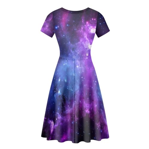 Image of Forchrinse Purple Galaxy Space Dress for Women 3D Galaxy Sexy Tunic Dress Loose Fit Short Sleeve Flowy Swing Dress A Line Tank Dress Skater Dress for Wedding Party, XX-Large