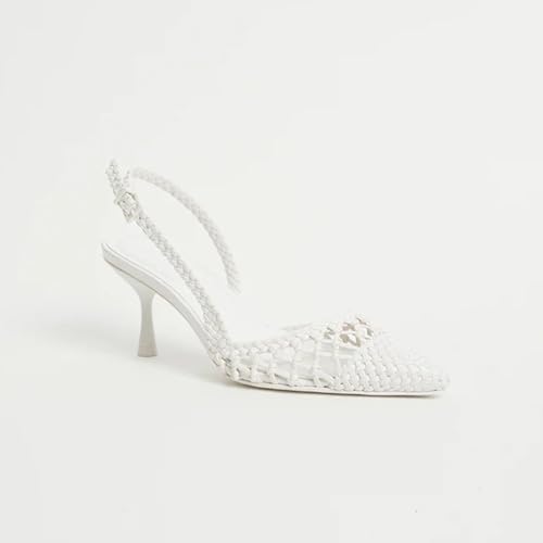 Kitten Heels for Women Woven White Bridal Pumps Closed Pointed Toe Slingback Heels Mesh Breathable Sandals Dressy Wedding Shoes2