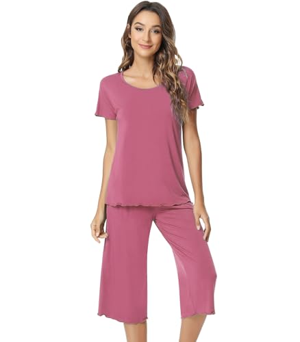 Image of NACHILA Women's Bamboo Viscose Pajama Sets Summer Cooling Short Sleeve Capri Soft Pjs Night Sweats Moisture Wicking Sleepwear