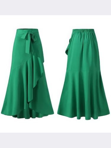 ebossy Womens Plaid Mermaid Skirt Tie Front Asymmetrical Ruffle A-Line Flowy Swing Fishtail Long Skirt4