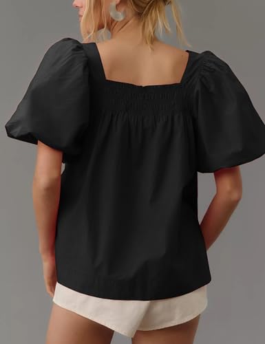Short Puff-Sleeve Dressy Blouses Smocked Square Ruffle Neck Loose Shirts Casual Womens Tops3