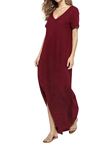 Image of Match Women's V-Neck Casual Loose Short Sleeve Long T-Shirt Dress Split Maxi Dress with Side Pocket