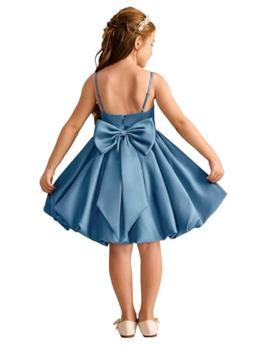 A-Line Spaghetti Strap Satin Flower Girl Dress Backless Junior Bridesmaid Dress Square Neck Knee Length with Bows
