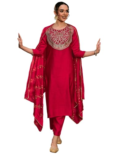 Kurta droite en soie brodée vêtement indien femme ensemble pantalon dupatta
