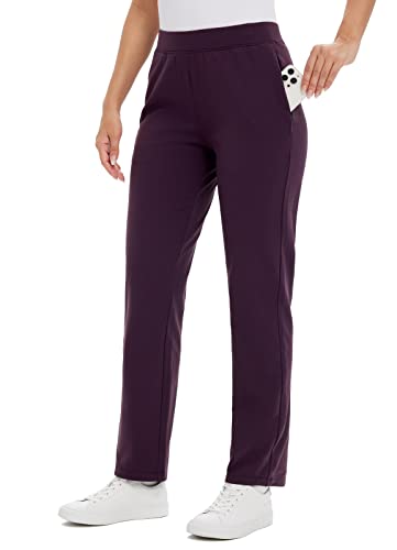 BALEAF Women's Fleece Lined Pants Straight Leg Sweatpants Pull-on Dress Pants with Zipper Pockets Athletic for Golf Running Purple L