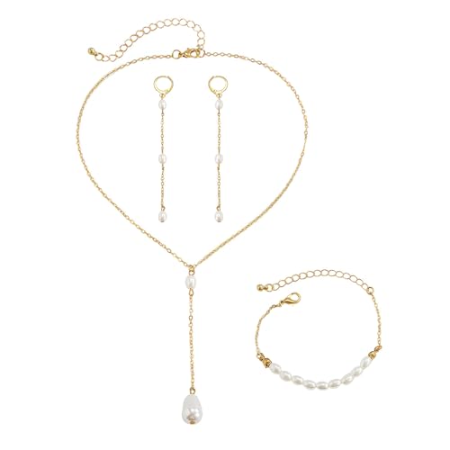 TOFBS Juego Mujer de Perlas Blancas Collar Pendientes Pulsera Conjunto de Joyas Nupcial Boda Baile de Disfraces Accesorios Aniversario Regalo para Niña Esposa Madre